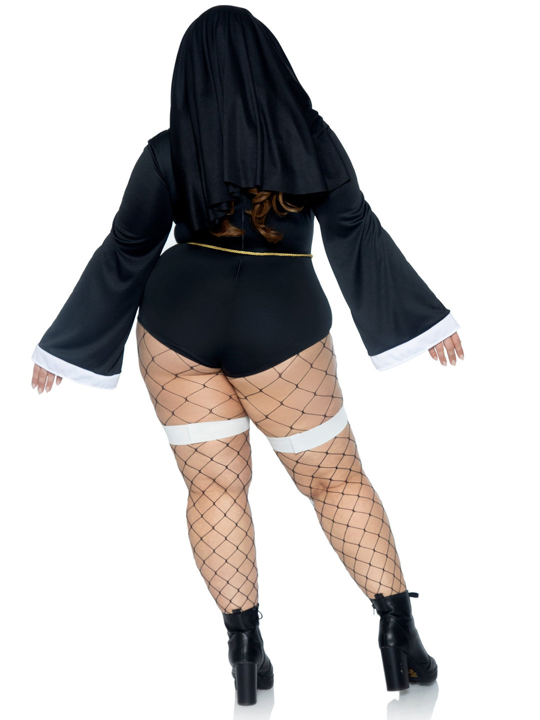 Sister Sin Nun Bell Sleeve Plus Bodysuit with Garter Leg Straps and Hat Headband