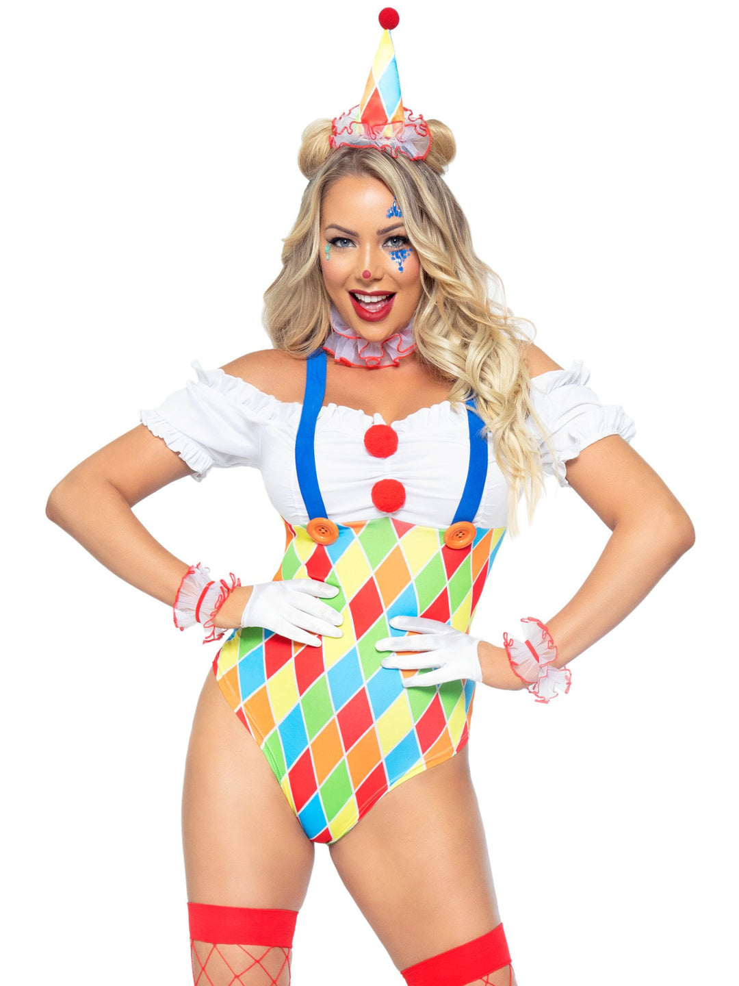 Sexy Clown Cheeky Suspender Bodysuit with Pom Pom Accents and Neck Ruffle