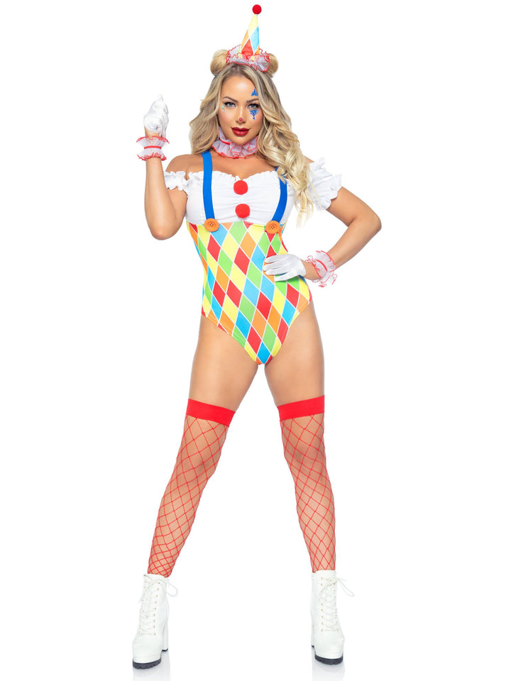 Sexy Clown Cheeky Suspender Bodysuit with Pom Pom Accents and Neck Ruffle