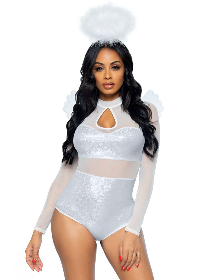 Heavenly Angel Holographic Sheer Bodysuit with Wings and Halo