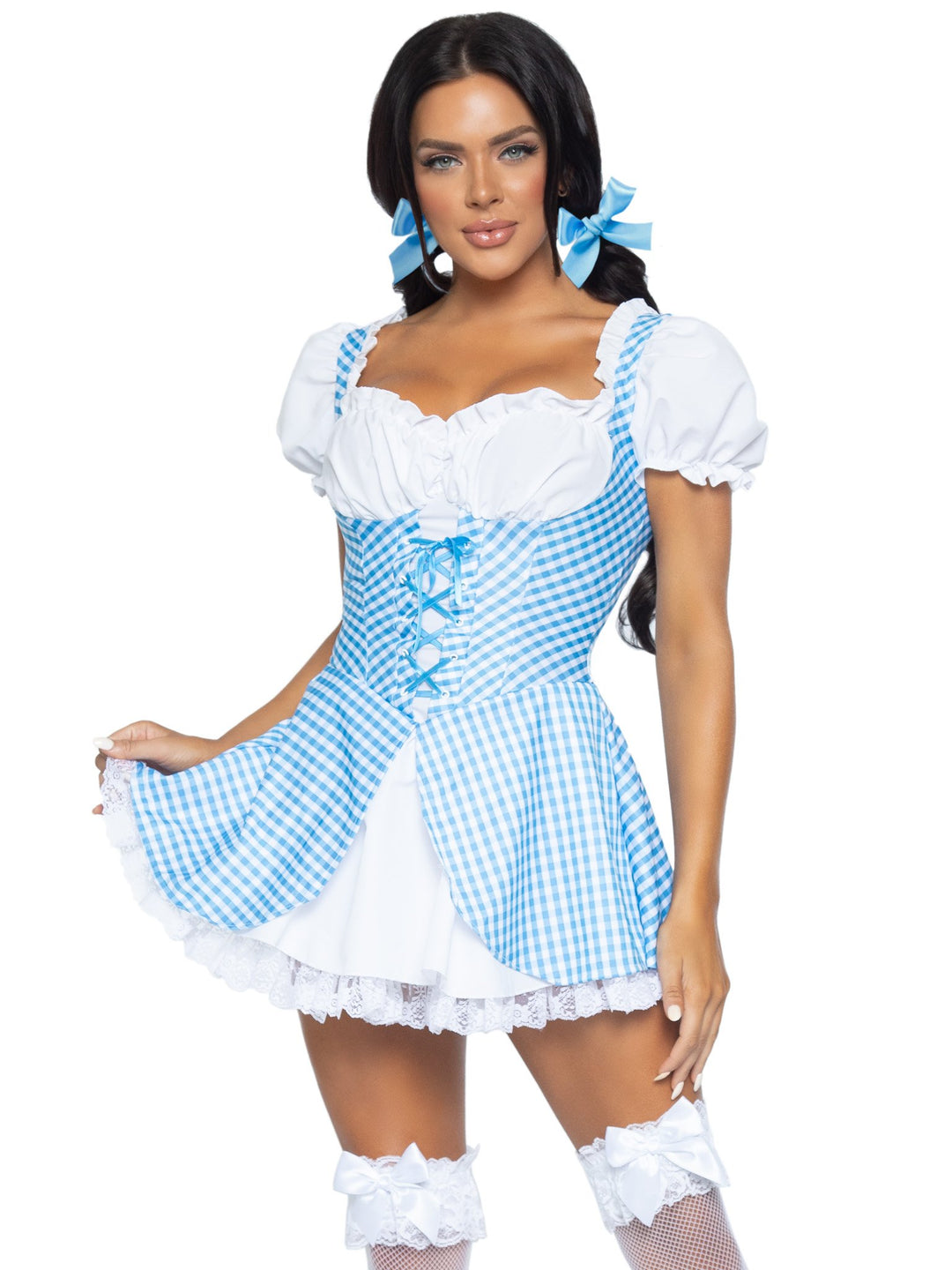 Wonderland Gingham Dress with Lace Up Front and Split Skirt