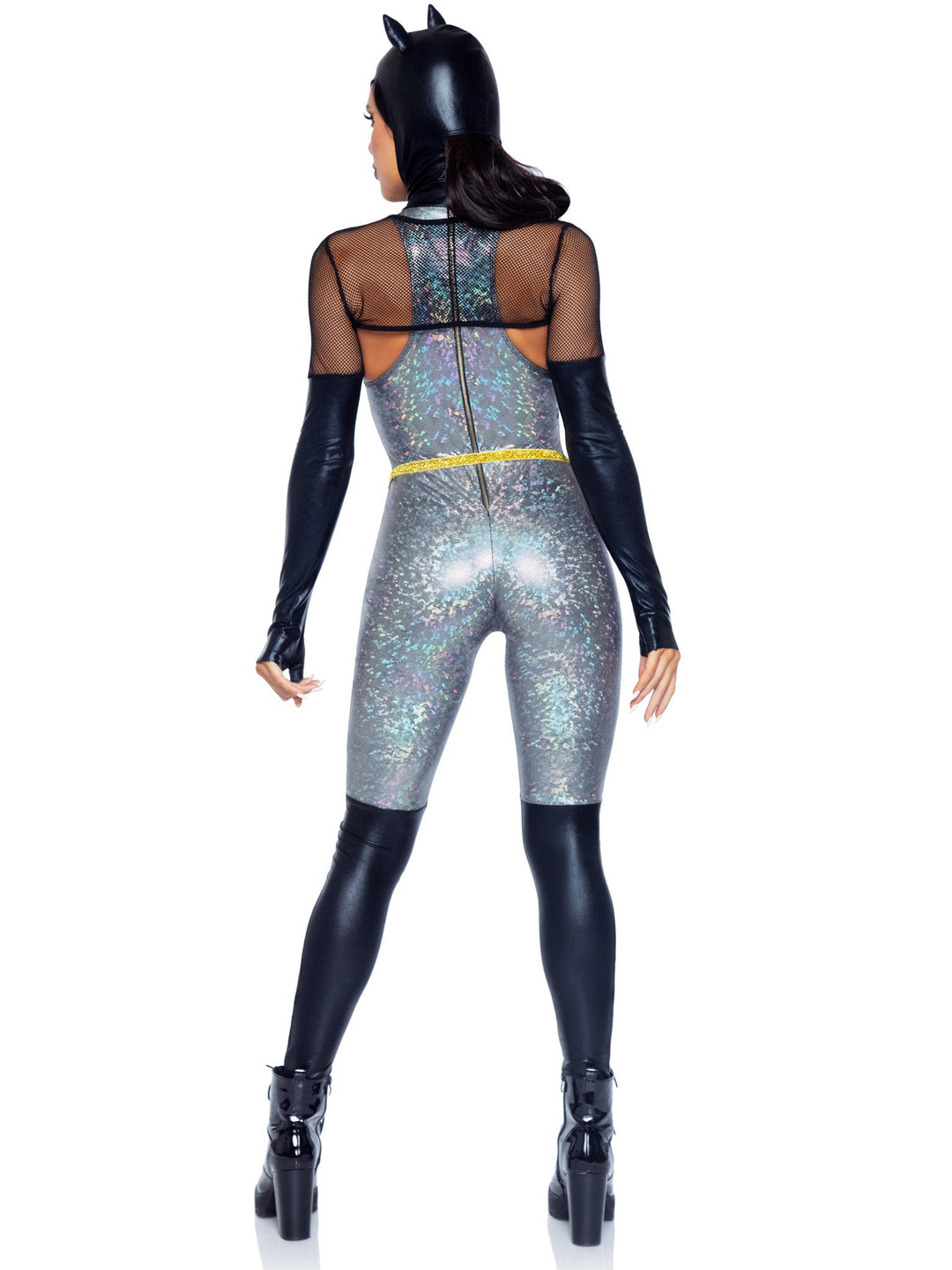 Feline Holographic Catsuit with Boot Detail and Fishnet Gloved Shrug