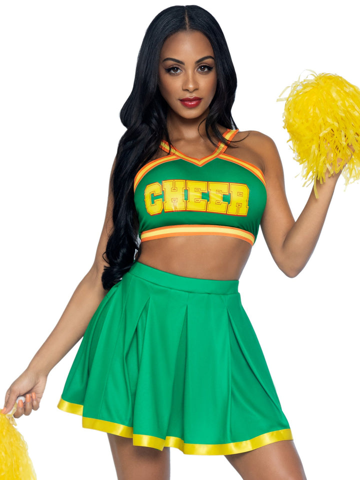 Bring It Baddie Cheer Crop Top and Pleated Skirt with Pom Poms