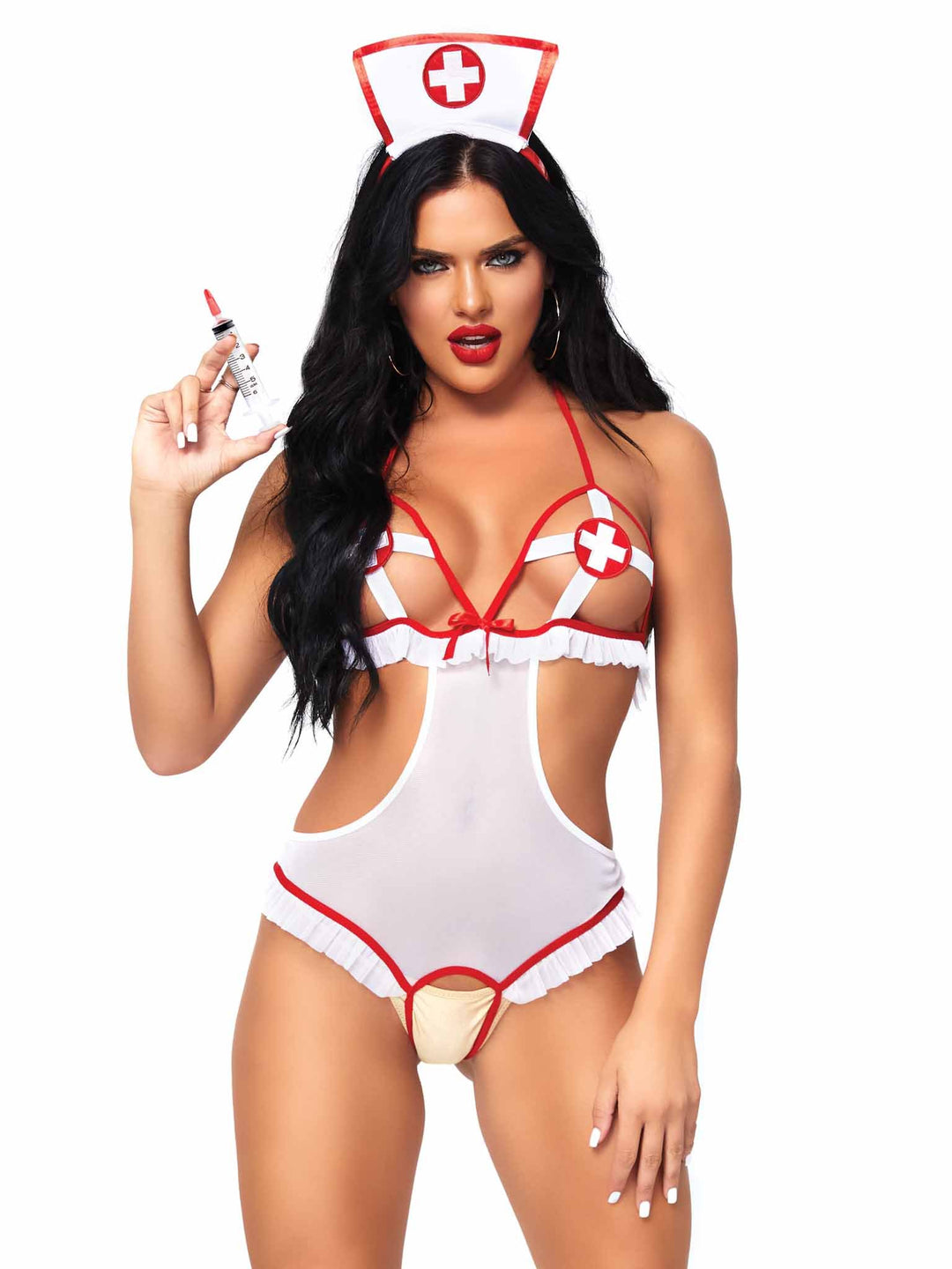 Naughty Nurse Crotchless Teddy with Peek-a-Boo Cups and Hat Headband