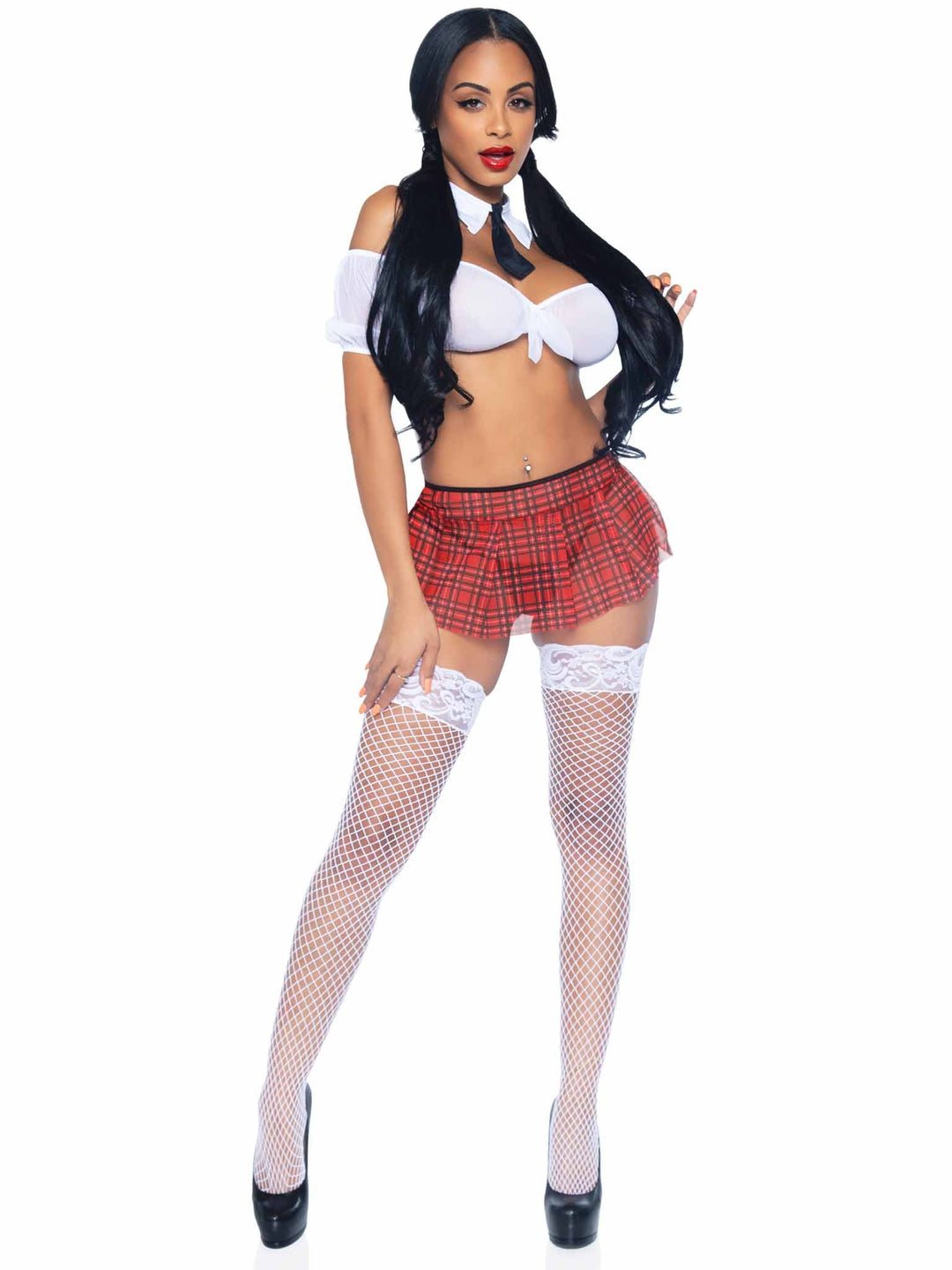 Naughty School Girl Sheer Crop Top with Mini Skirt and Tie Collar