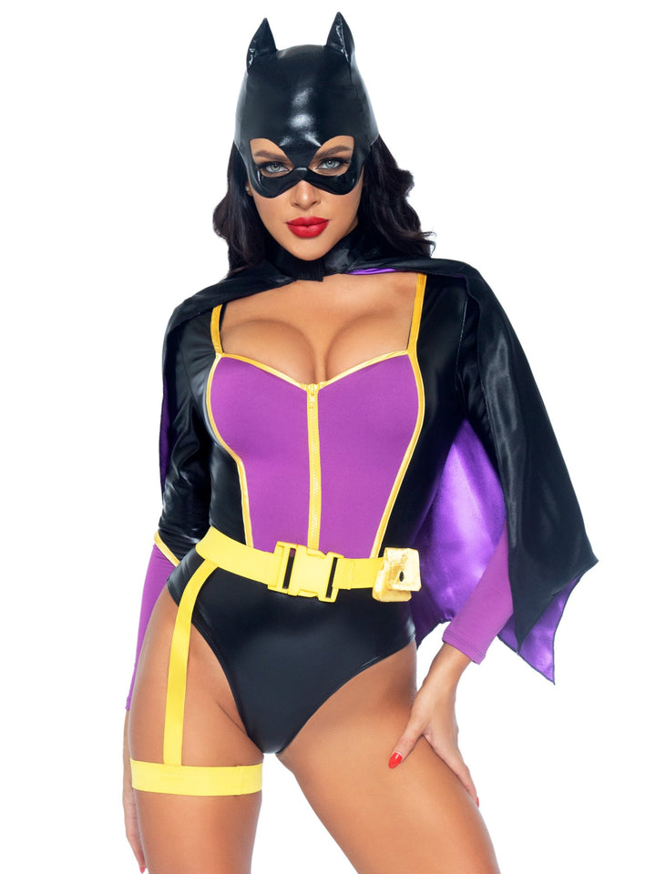 Bombshell Bat Hero Plunging Zip Up Bodysuit with Garter Strap