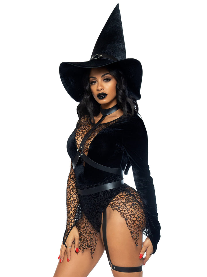 Velvet Witch Plunging Bodysuit with Web Netting and Choker Body Harness