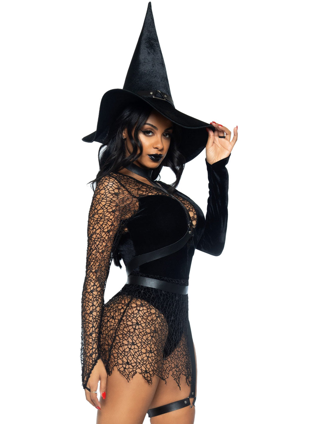 Velvet Witch Plunging Bodysuit with Web Netting and Choker Body Harness