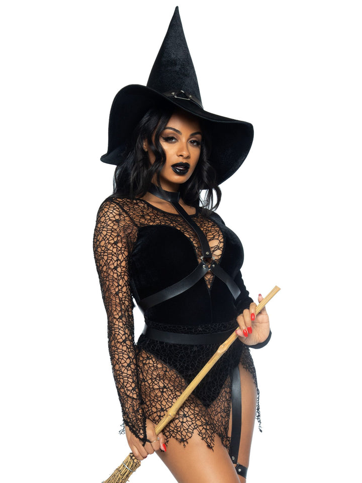 Velvet Witch Plunging Bodysuit with Web Netting and Choker Body Harness