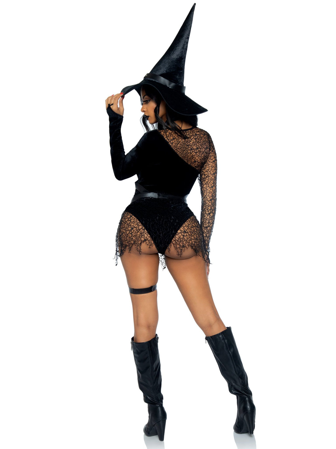 Velvet Witch Plunging Bodysuit with Web Netting and Choker Body Harness