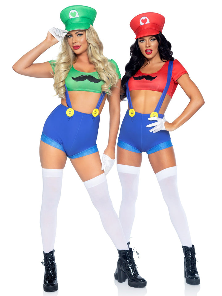 Gamer Babe Suspender Shorts with Character Mustache Crop Top and Hat