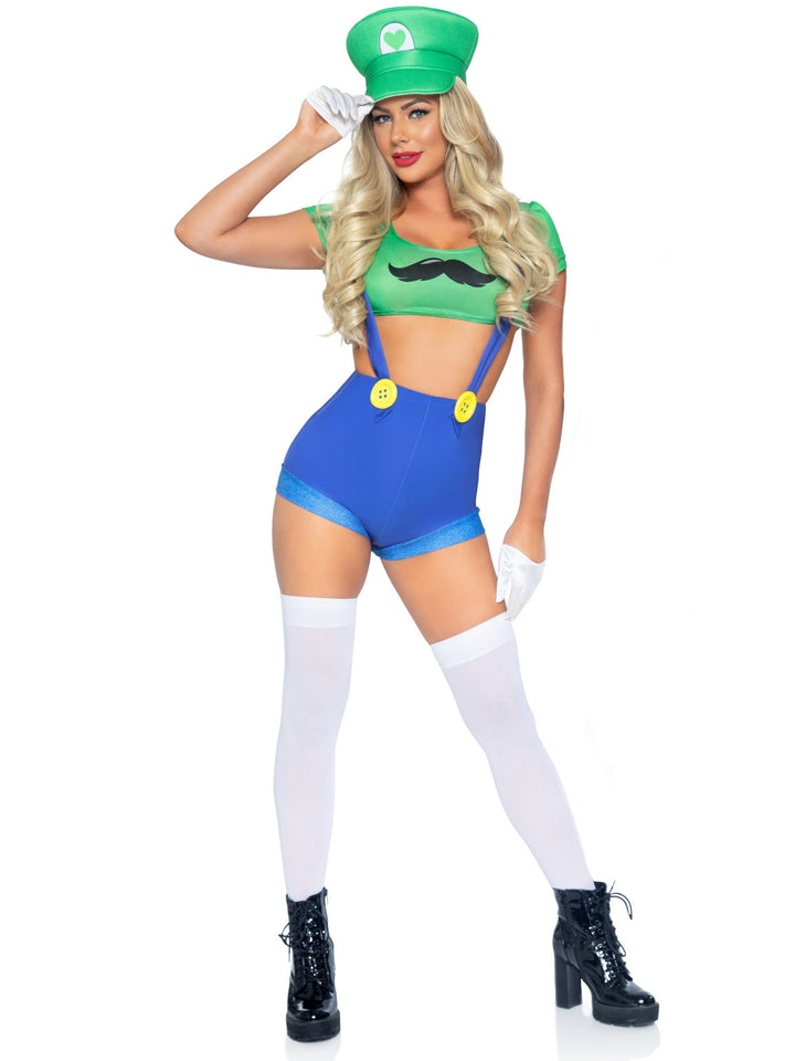 Gamer Babe Sidekick Suspender Shorts with Character Mustache Crop Top and Hat