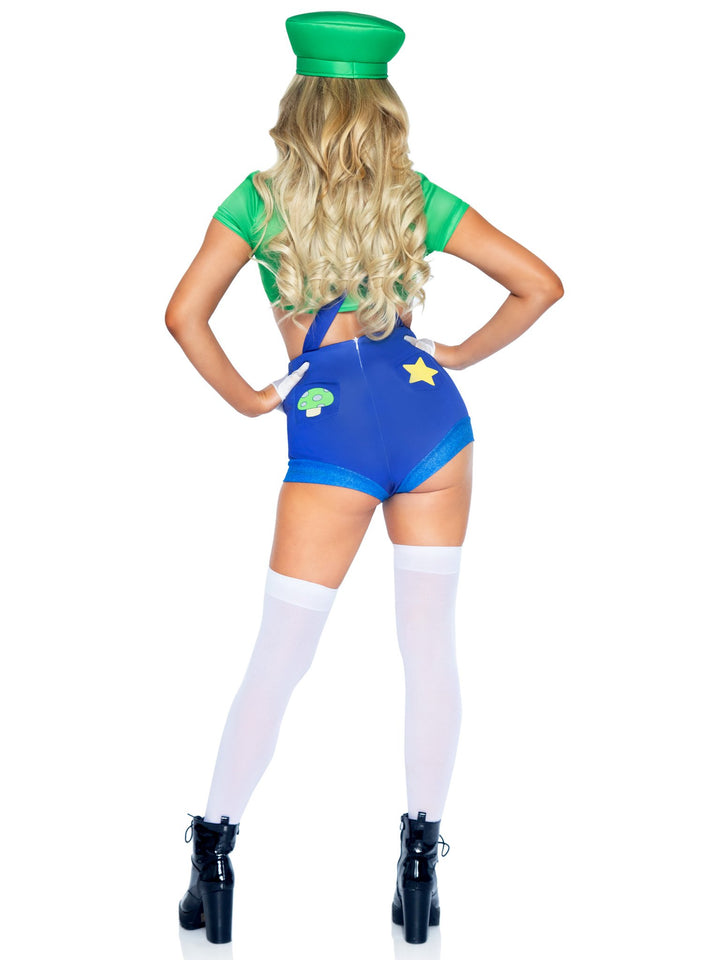 Gamer Babe Sidekick Suspender Shorts with Character Mustache Crop Top and Hat