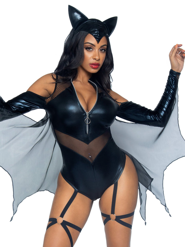 Midnight Bat Garter Bodysuit with Sheer Wings and Ear Headband