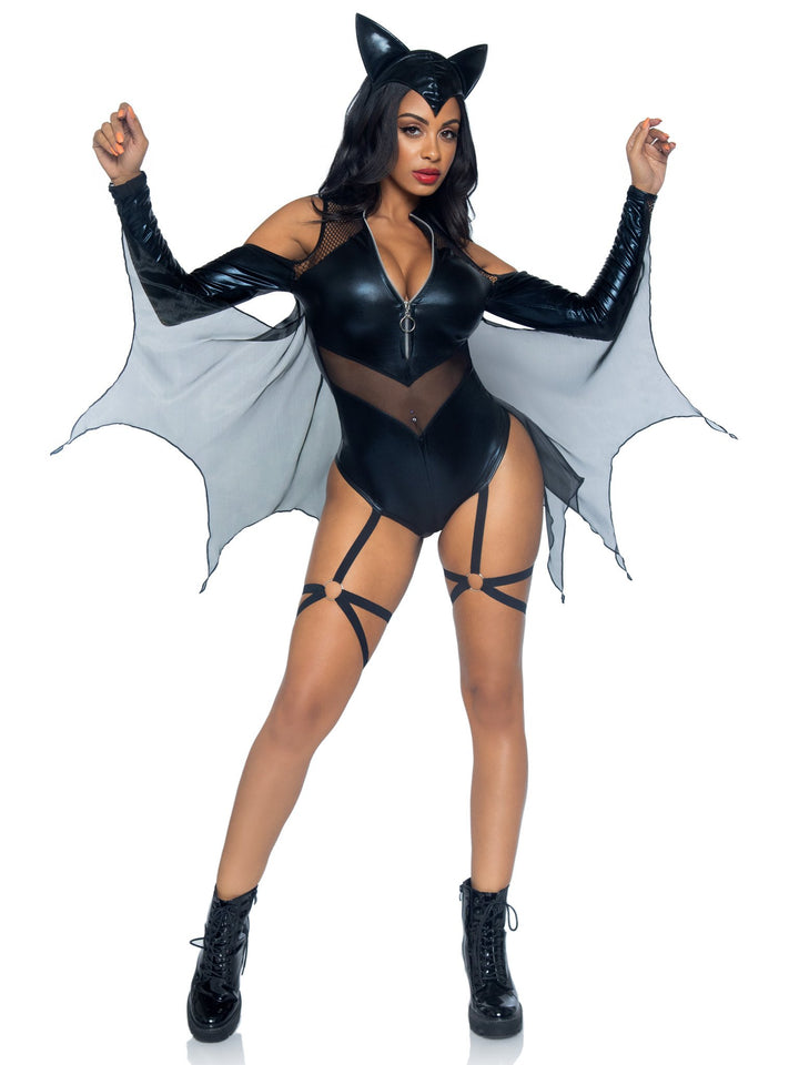 Midnight Bat Garter Bodysuit with Sheer Wings and Ear Headband