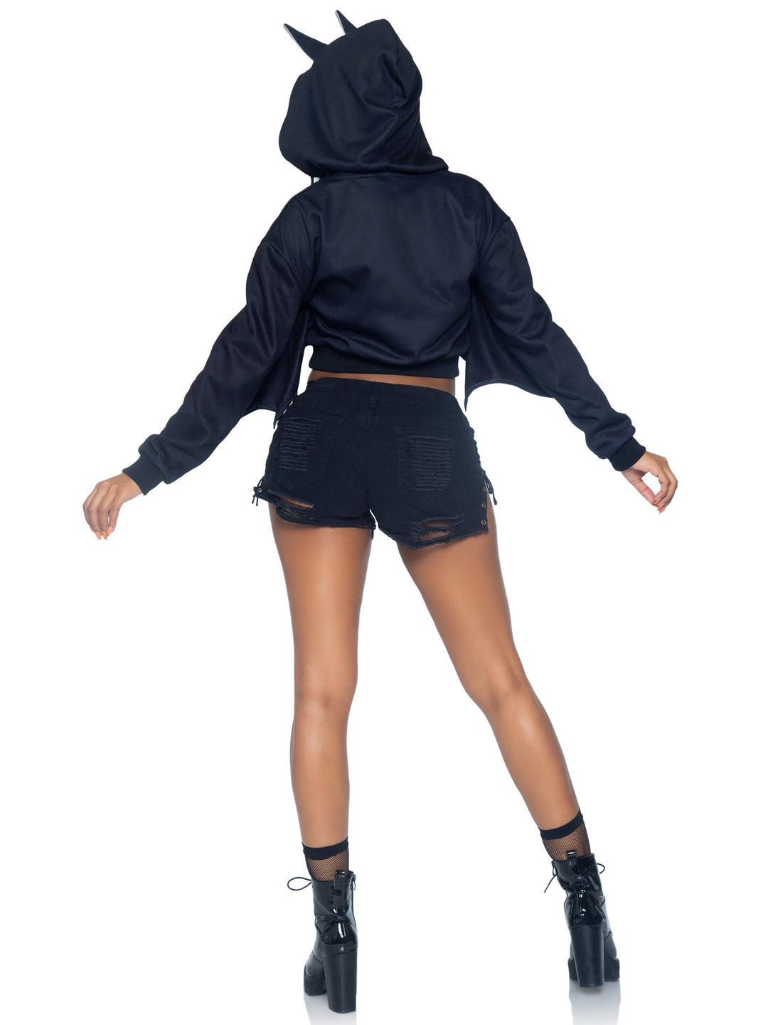 Bat Cropped Lace Up Hoodie with Bat Wing Sleeves
