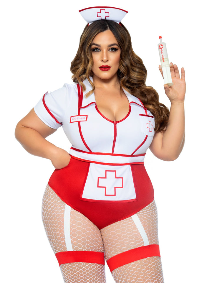 Nurse Feelgood Bodysuit with Garter Leg Straps and Hat Headband