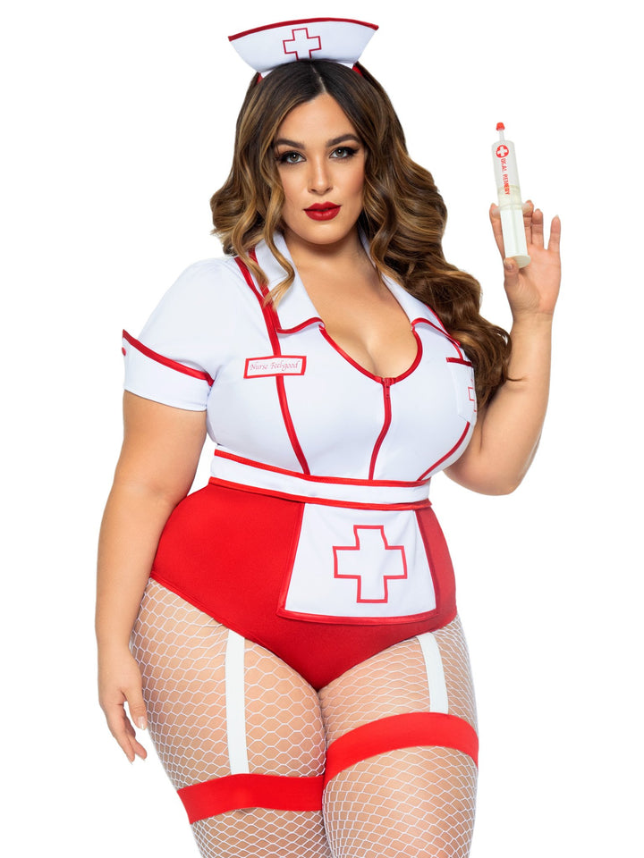 Nurse Feelgood Bodysuit with Garter Leg Straps and Hat Headband