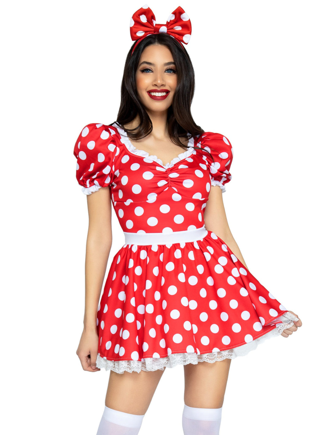 Polka Dot Dress with Ruched Sweetheart Bodice and Bow Headband