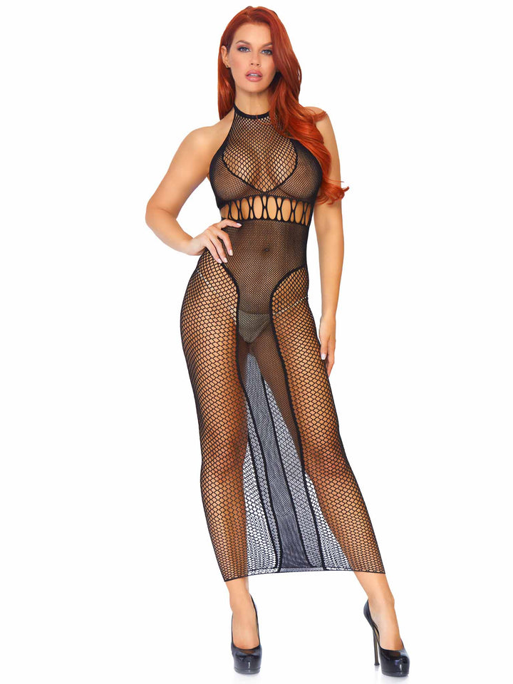 Dual Fishnet Backless Halter Maxi Dress with Cut-out Detail