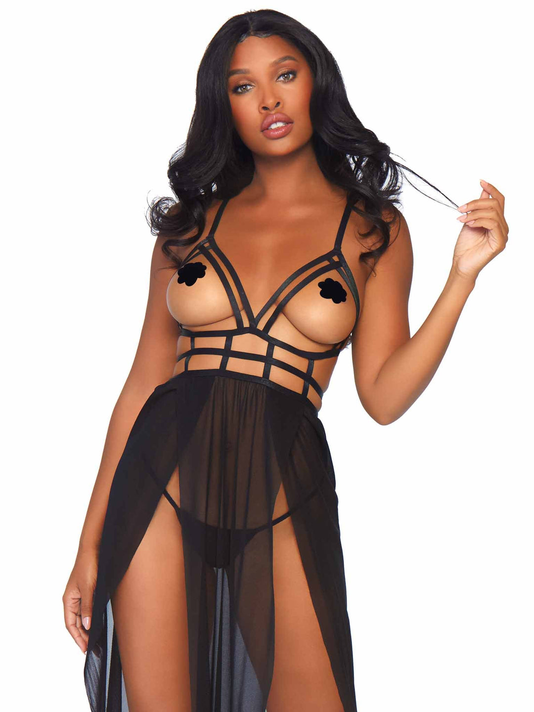 Cage Strap Open Bodice Chemise with Dual Split Sheer Skirt and G-string