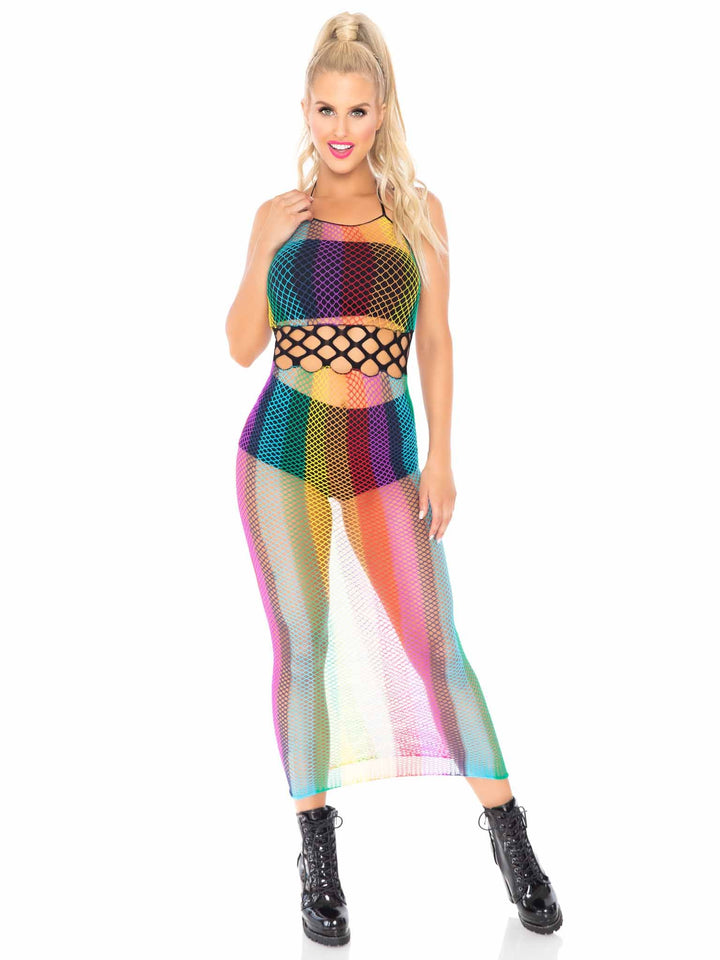 Rainbow Fishnet Long Halter Dress with Cut-out Detail