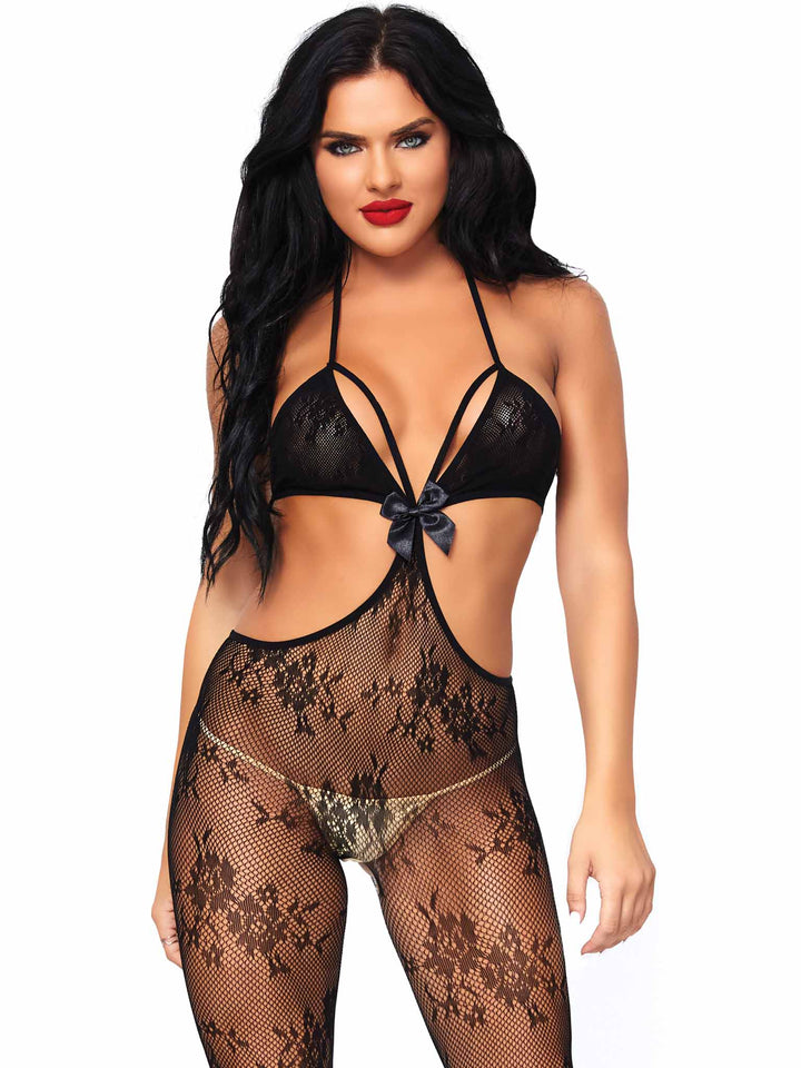 Floral Lace Cage Stap Top with Open Back Bodystocking