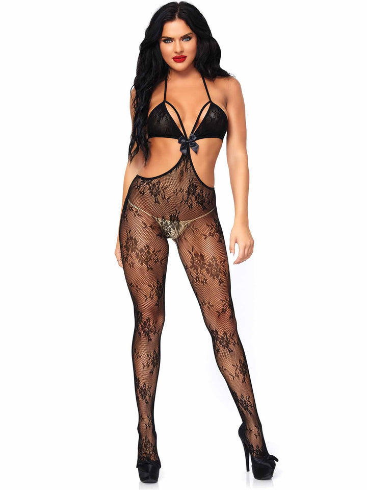 Floral Lace Cage Stap Top with Open Back Bodystocking