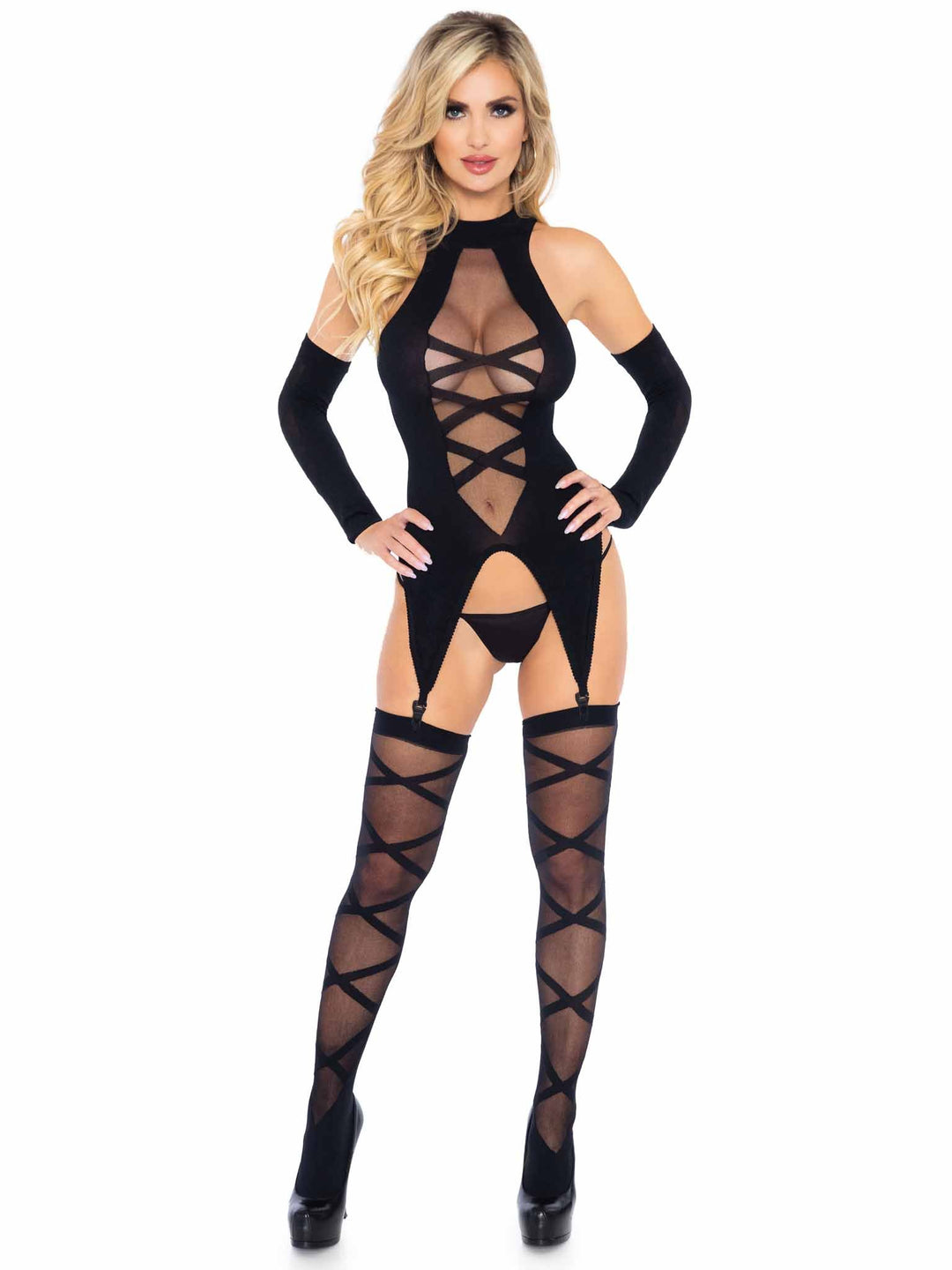 Opaque and Sheer Faux Lace Up Cami Garter with Stocking and Gloves