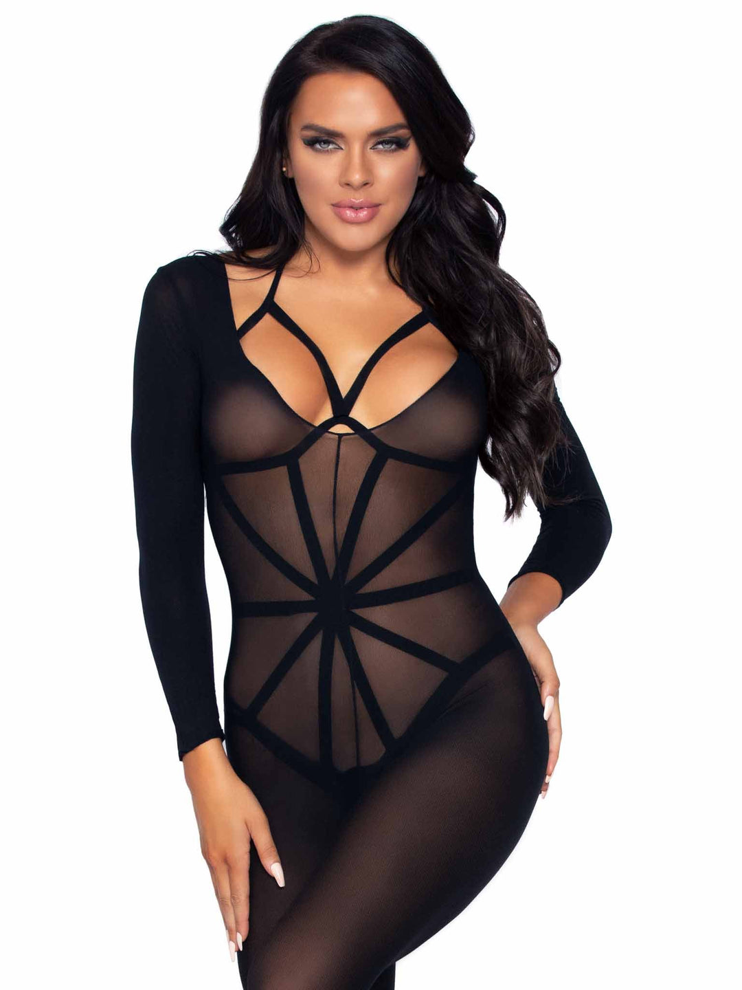 Deep V Neck Opaque Crotchless Bodystocking with Cut Out Body Harness Teddy
