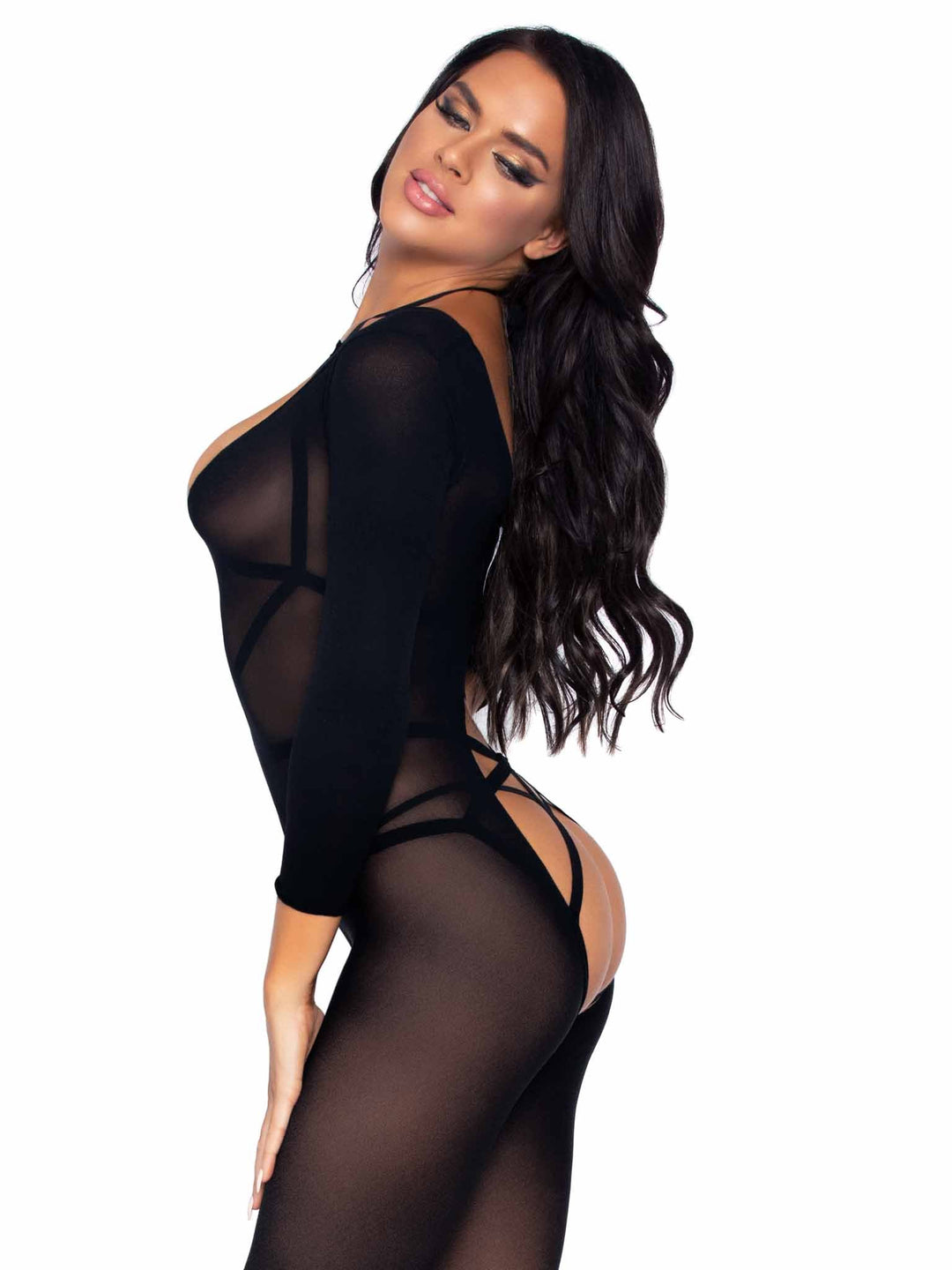 Deep V Neck Opaque Crotchless Bodystocking with Cut Out Body Harness Teddy