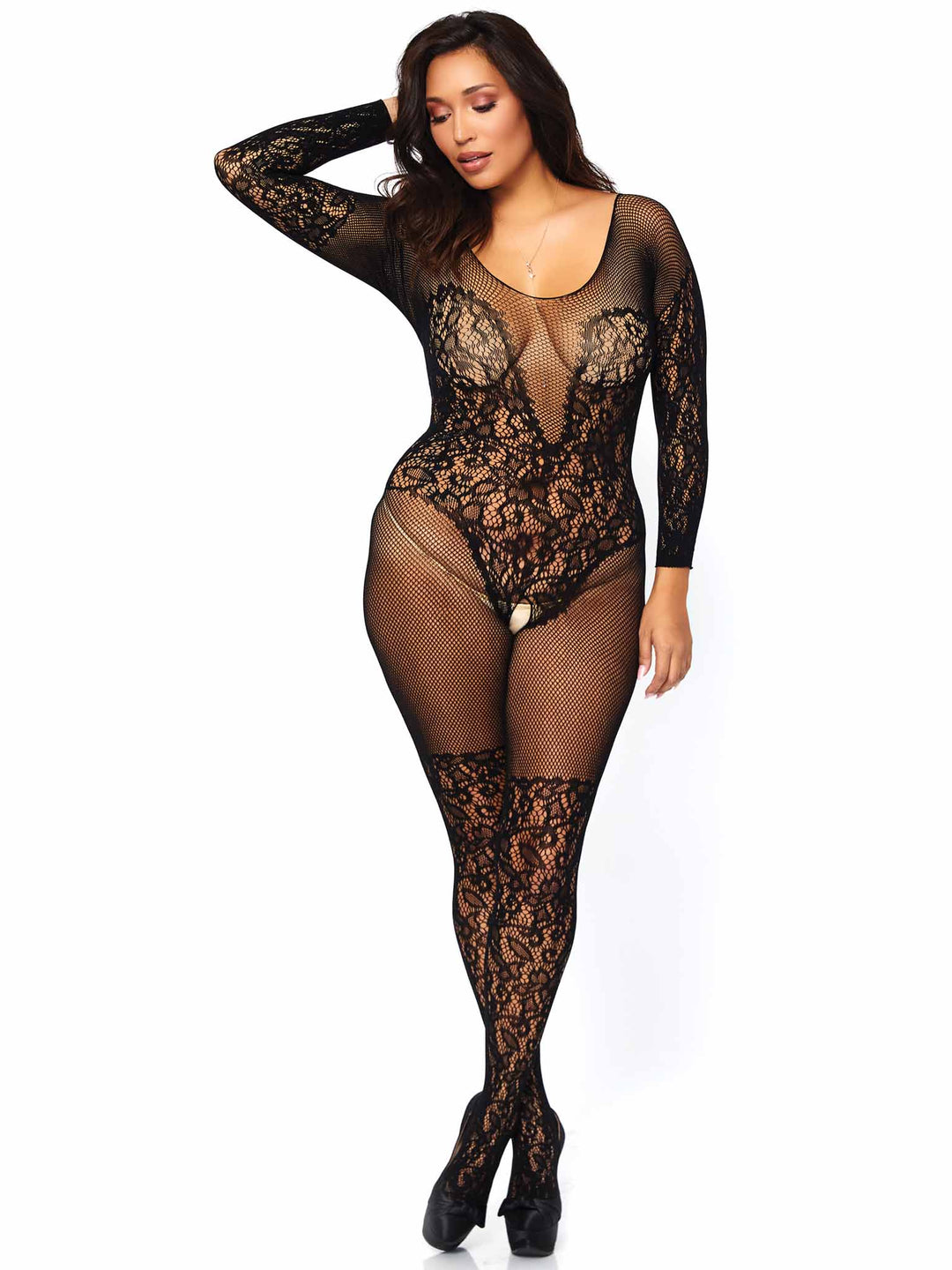 Vine Lace and Fishnet Long Sleeve Bodystocking