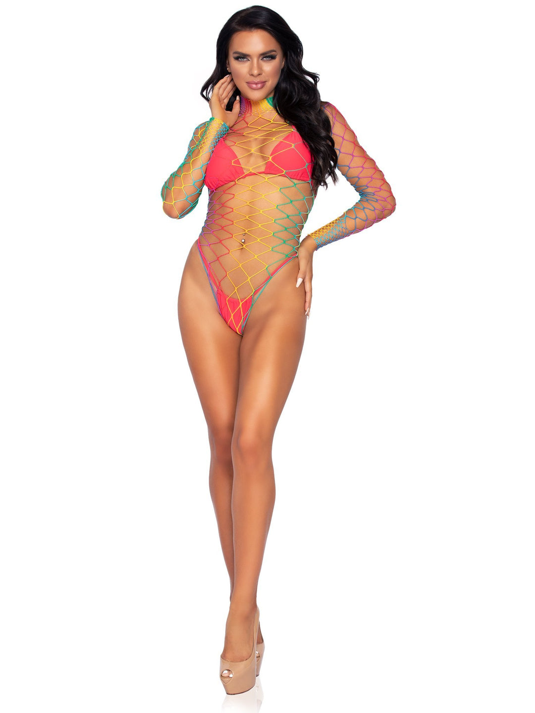 Rainbow High Neck Fence Netting Thong Bodysuit