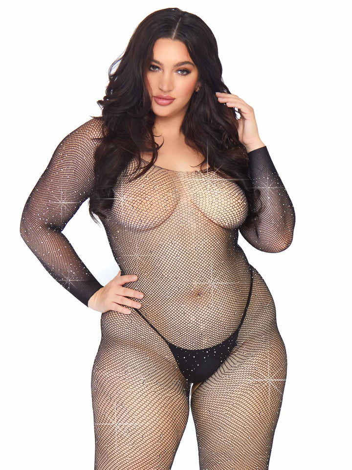 Crystalized Fishnet Long Sleeve Plus Bodystocking