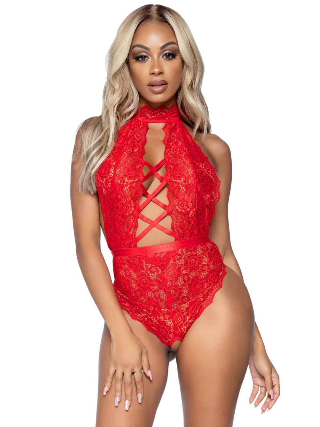 Backless Halter Lace Teddy with Lace Up Accents and Crotchless Thong