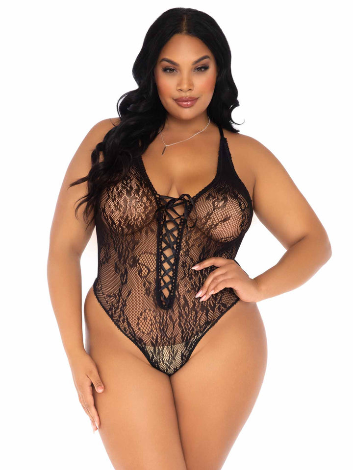 Floral Lace Thong Teddy with Lace Up Front and Cross Over Back Straps