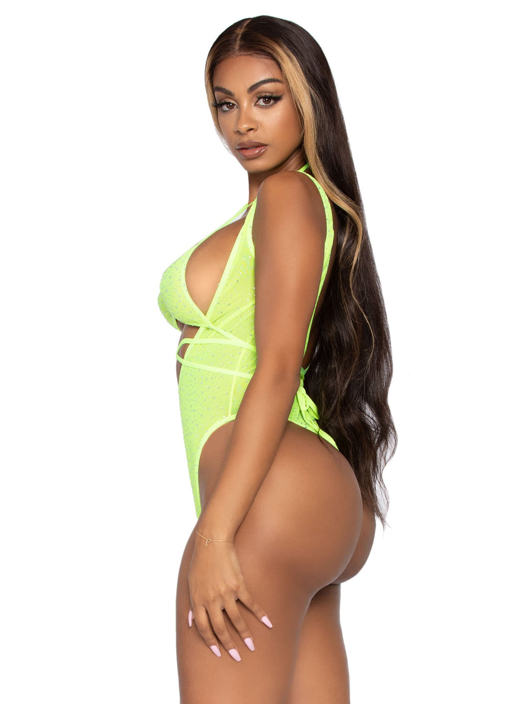 Sexy Brazilian Rhinestone Mesh Wrap Bodysuit with Bikini Top