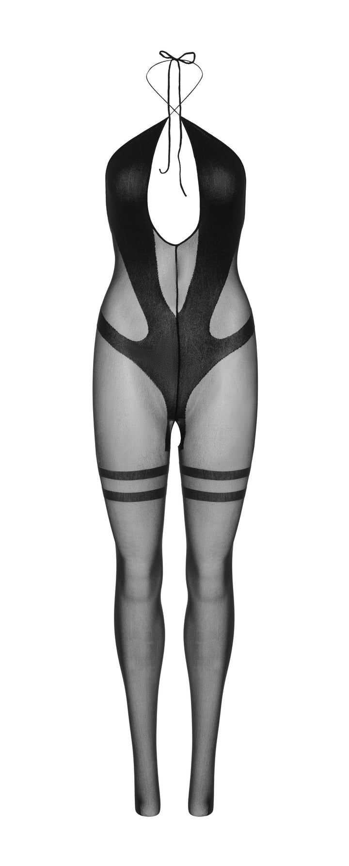 Keyhole Twist Halter Sheer Bodystocking with Opaque Design
