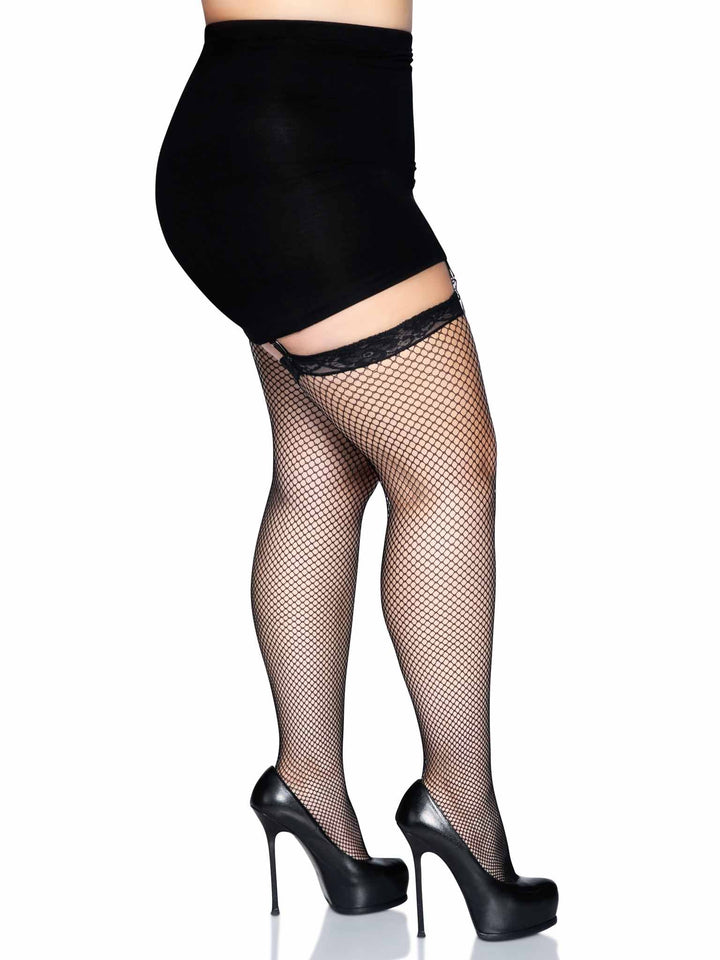 Classic Fishnet Plus Stocking with Lace Trim