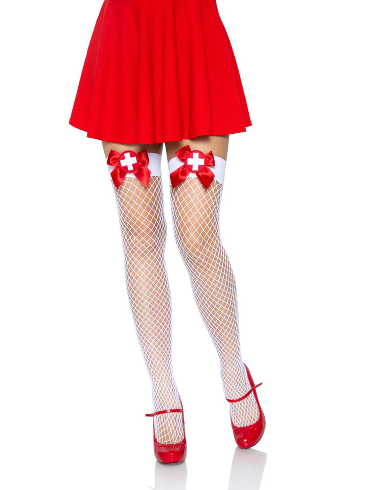 White Fishnet Thigh Highs with Top Red Bow
