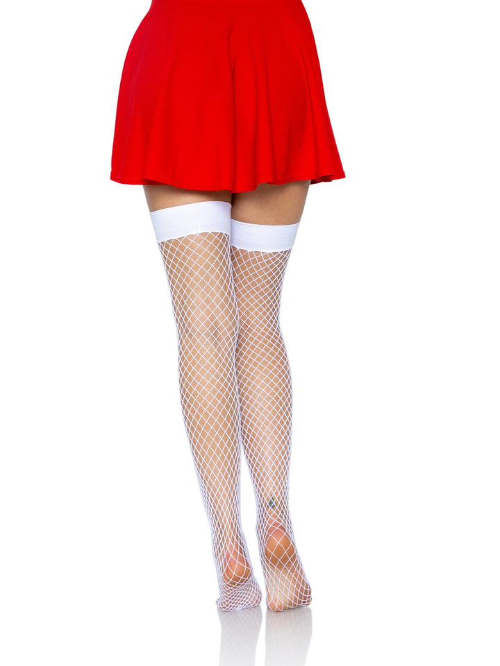 White Fishnet Thigh Highs with Top Red Bow