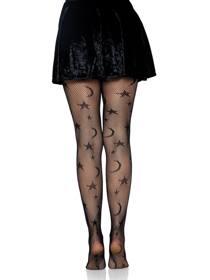 Black Fishnet Pantyhose with Moons and Stars Details