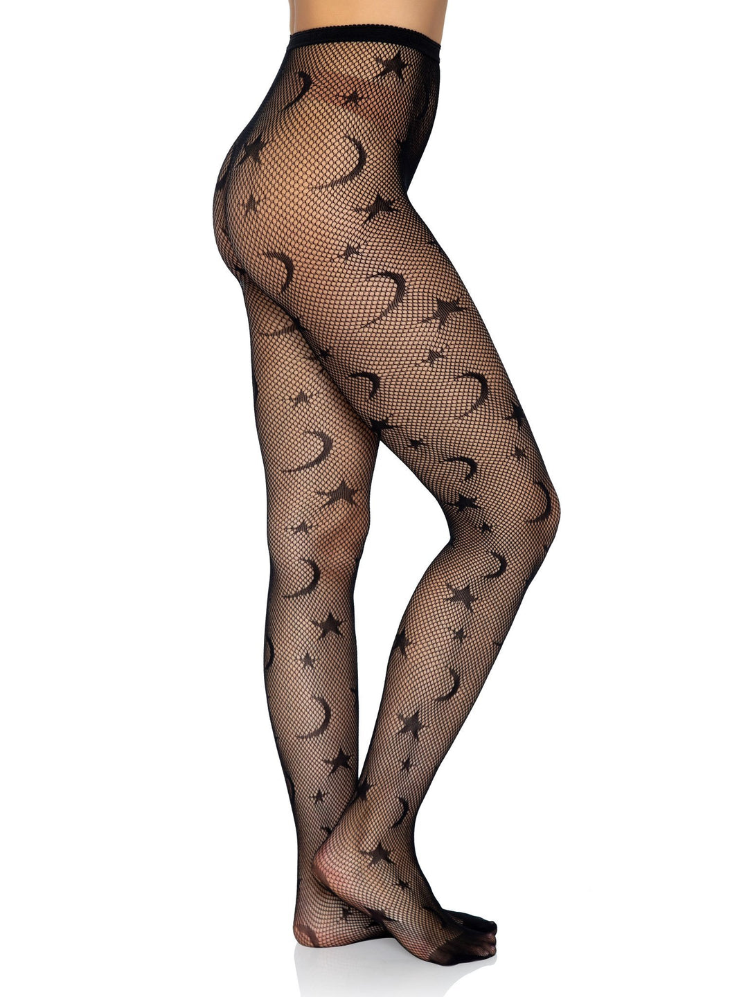 Black Fishnet Pantyhose with Moons and Stars Details