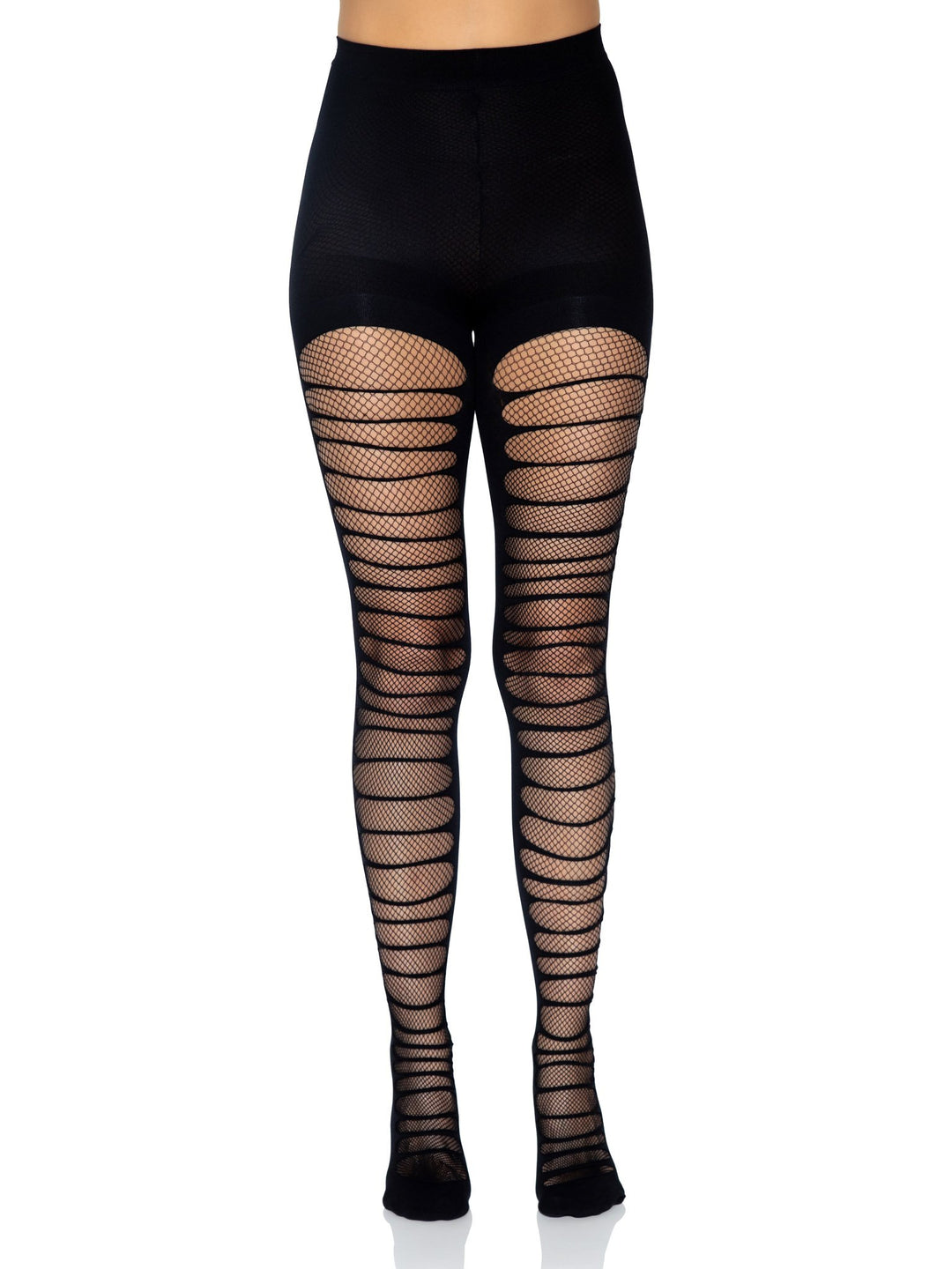 Double layer Fishnet Tights with Shredded Overlay