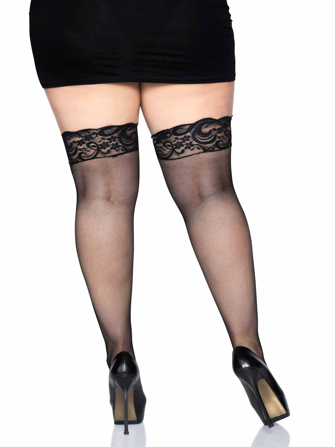 Micro Fishnet Plus Size Thigh Highs with Stay Up Lace Top