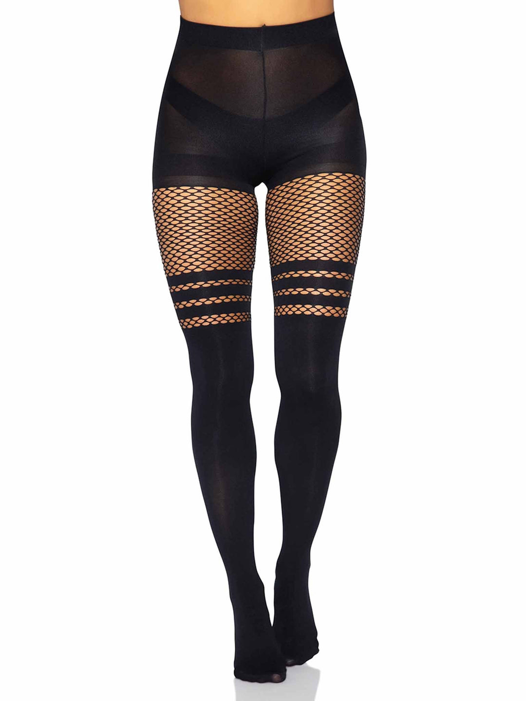 Opaque Faux Thigh High Pantyhose with Fishnet Thigh
