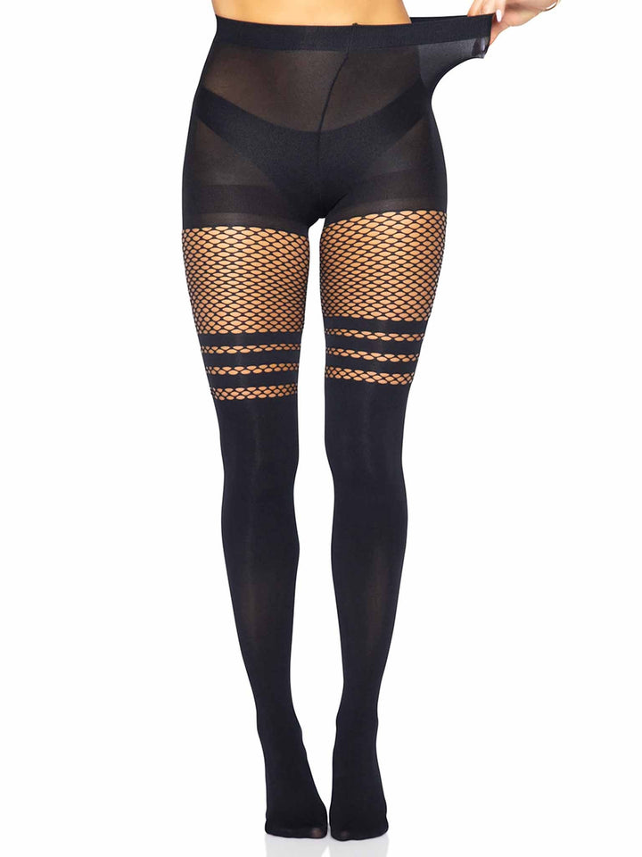 Opaque Faux Thigh High Pantyhose with Fishnet Thigh