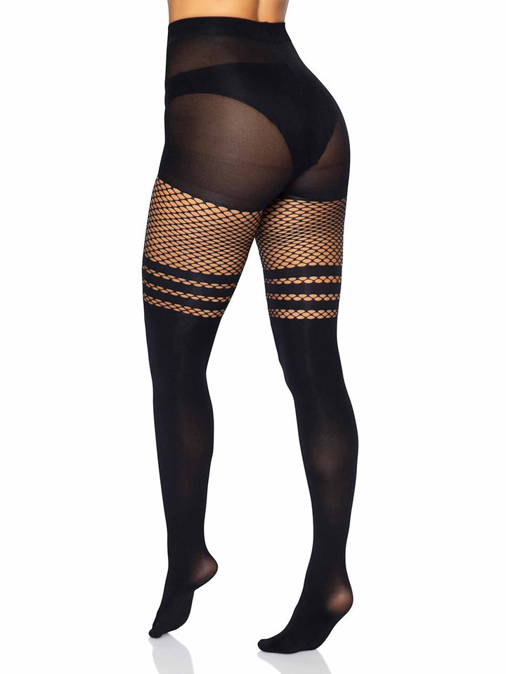 Opaque Faux Thigh High Pantyhose with Fishnet Thigh