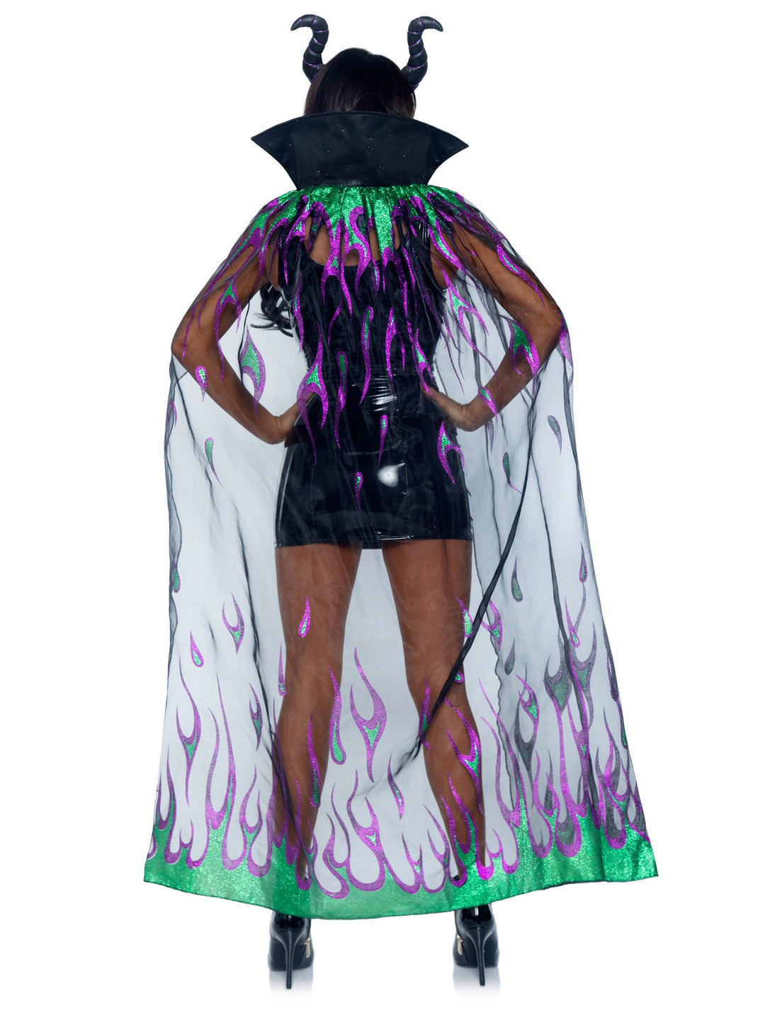 Glitter Flame Cape with Wet Look Collar and Devil Horn Headband