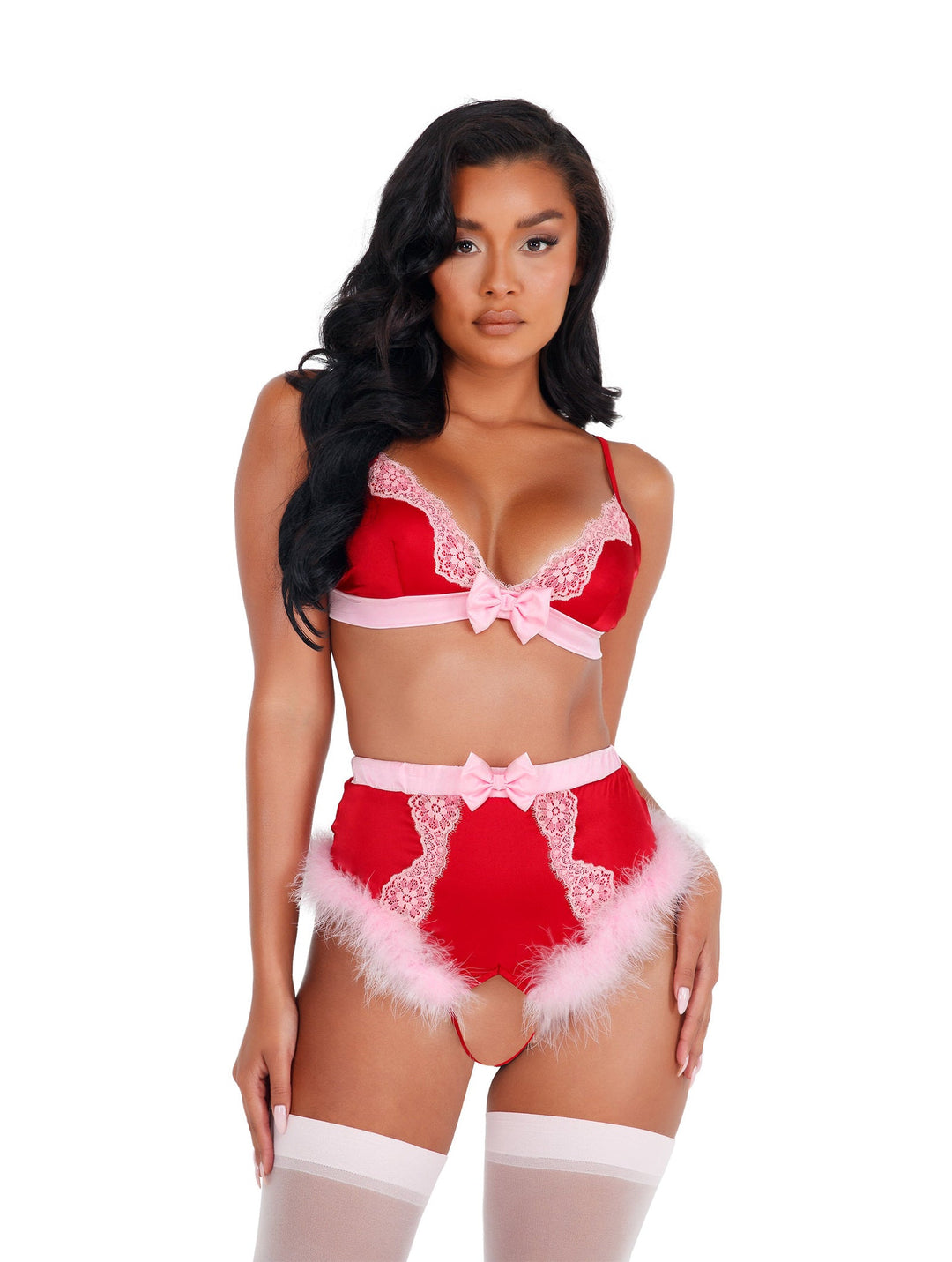 Satin & Lace Marabou Bra with Bow and High Waisted Heart Cut Out Bottoms